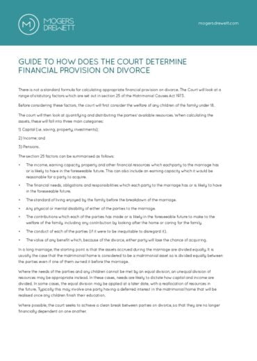 Mogers Drewett Guide To How Does The Court Determines Financial Provision On Divorce 2022